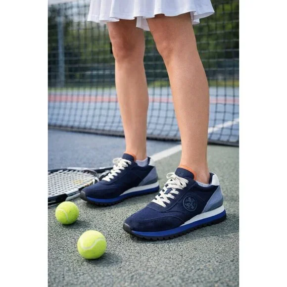 Tory Burch Navy Suede Mesh Sneakers Women’s 9.5 Suede Textile Upper Logo Trainer - Picture 12 of 14